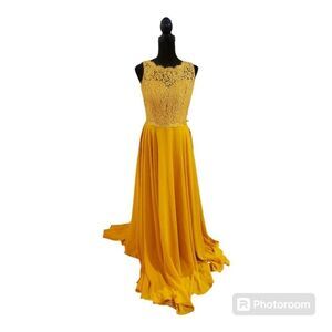 Stacees Marigold Lace Sheer‎ Maxi Bridesmaid Dress Women’s NWT